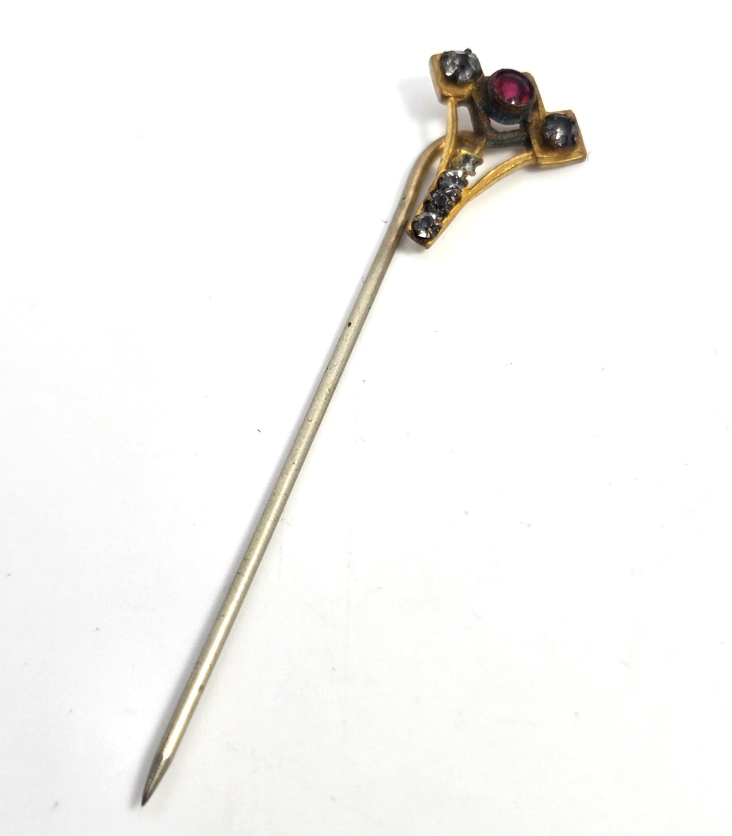 Victorian red and clear rhinestone paste  gold filled antique stick lapel pin brooch