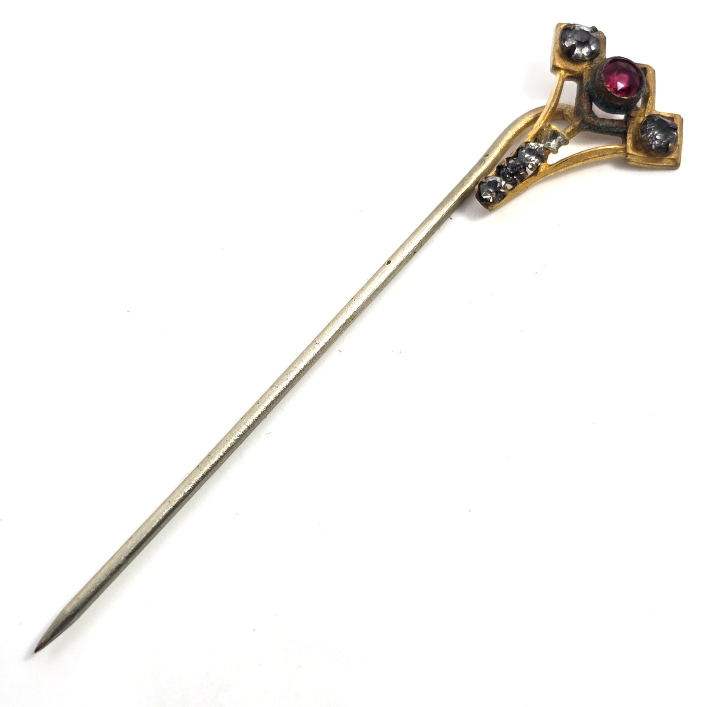 Victorian red and clear rhinestone paste  gold filled antique stick lapel pin brooch