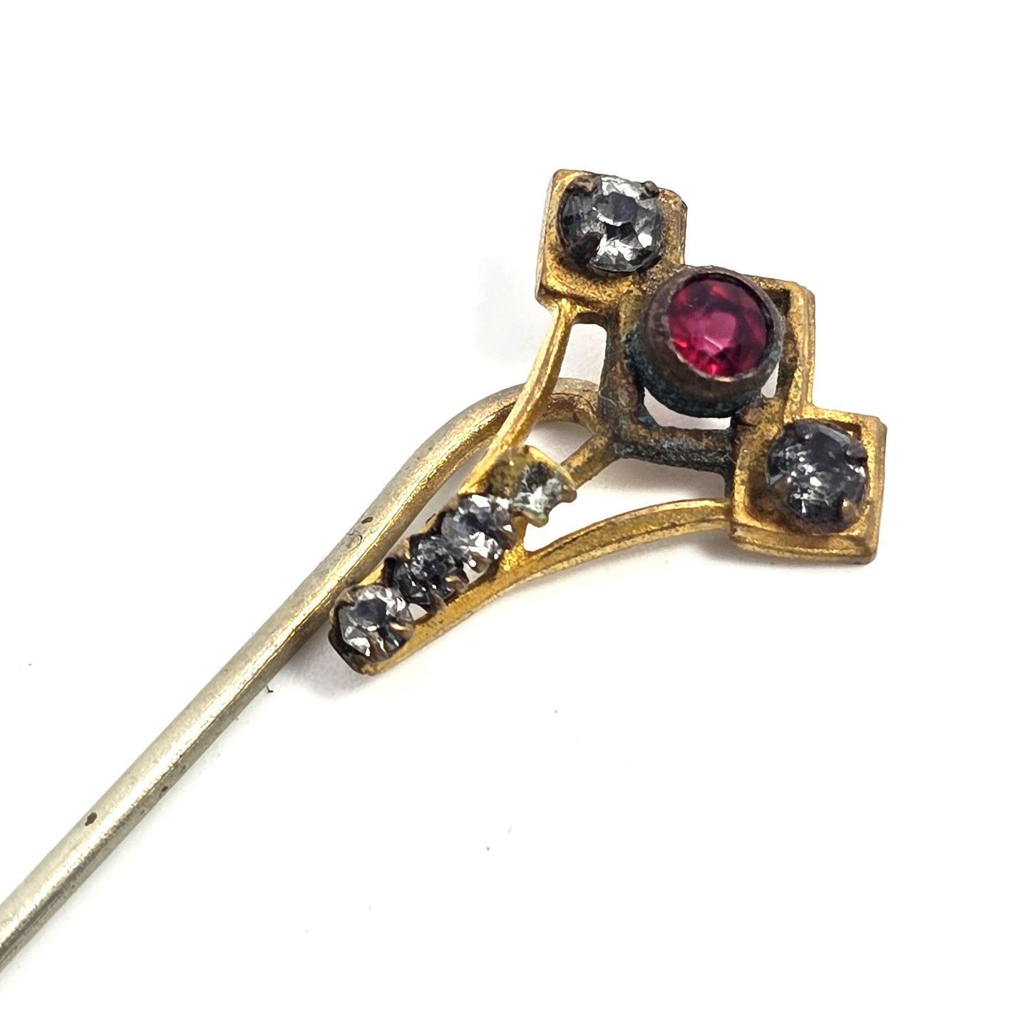 Victorian red and clear rhinestone paste  gold filled antique stick lapel pin brooch