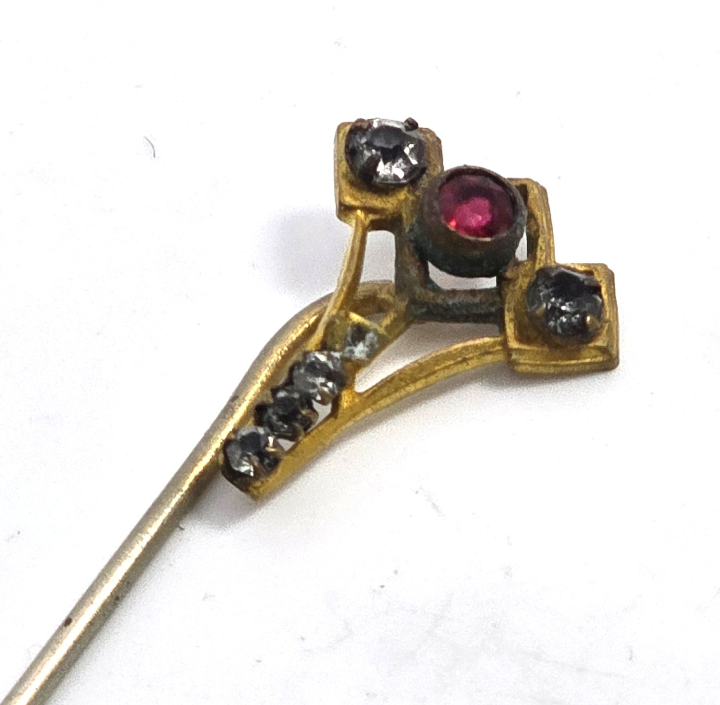 Victorian red and clear rhinestone paste  gold filled antique stick lapel pin brooch