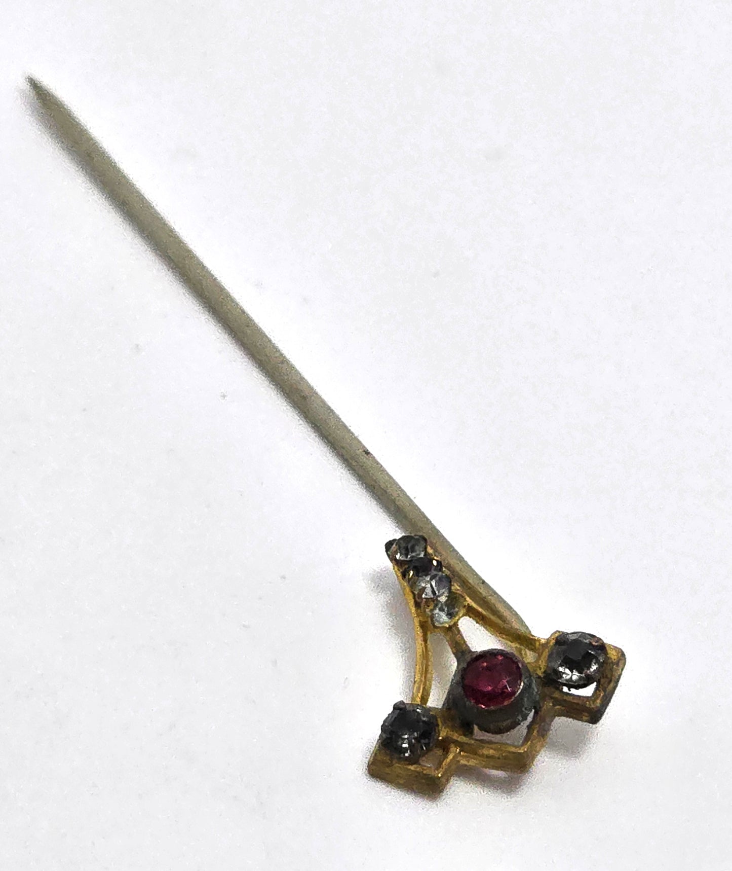Victorian red and clear rhinestone paste  gold filled antique stick lapel pin brooch