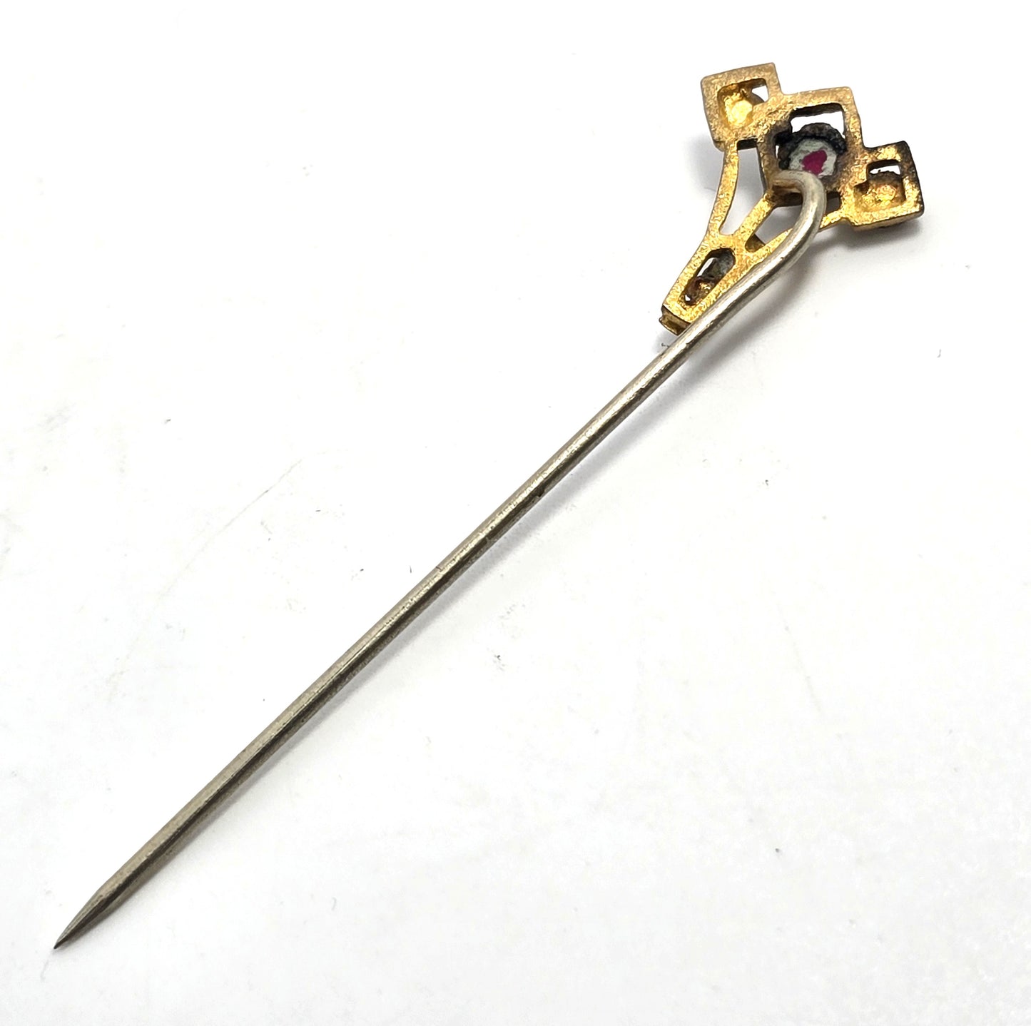Victorian red and clear rhinestone paste  gold filled antique stick lapel pin brooch