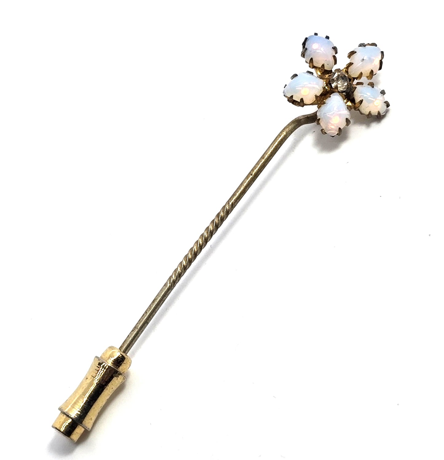 Victorian opalite flower rhinestone gold filled antique stick lapel pin brooch