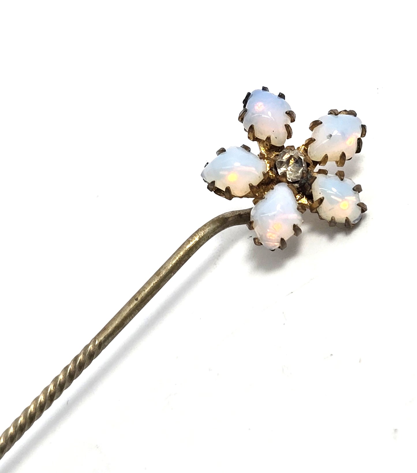 Victorian opalite flower rhinestone gold filled antique stick lapel pin brooch