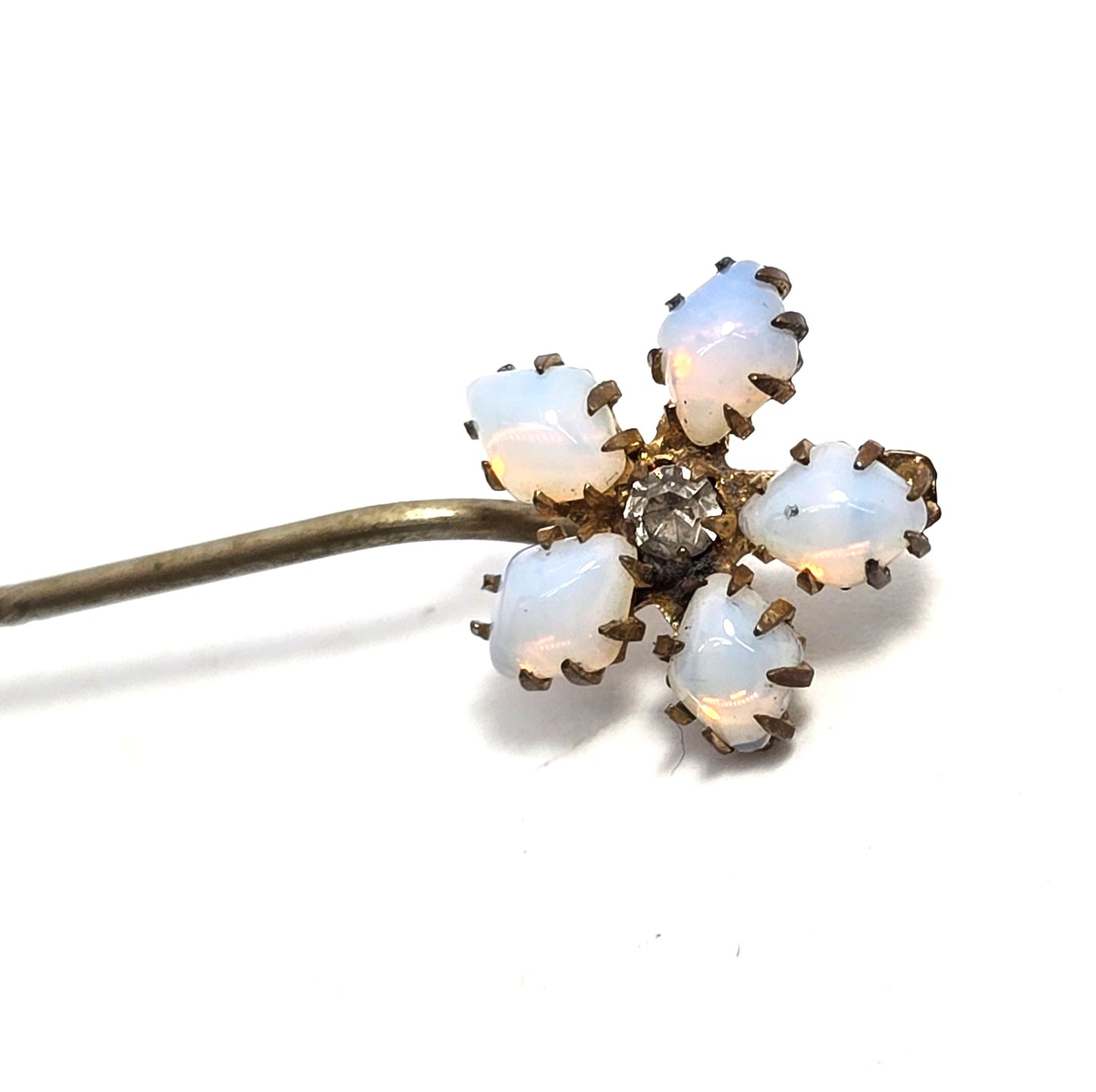 Victorian opalite flower rhinestone gold filled antique stick lapel pin brooch