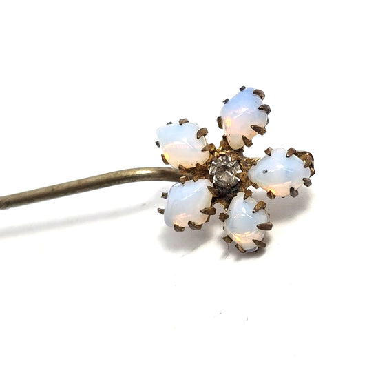 Victorian opalite flower rhinestone gold filled antique stick lapel pin brooch