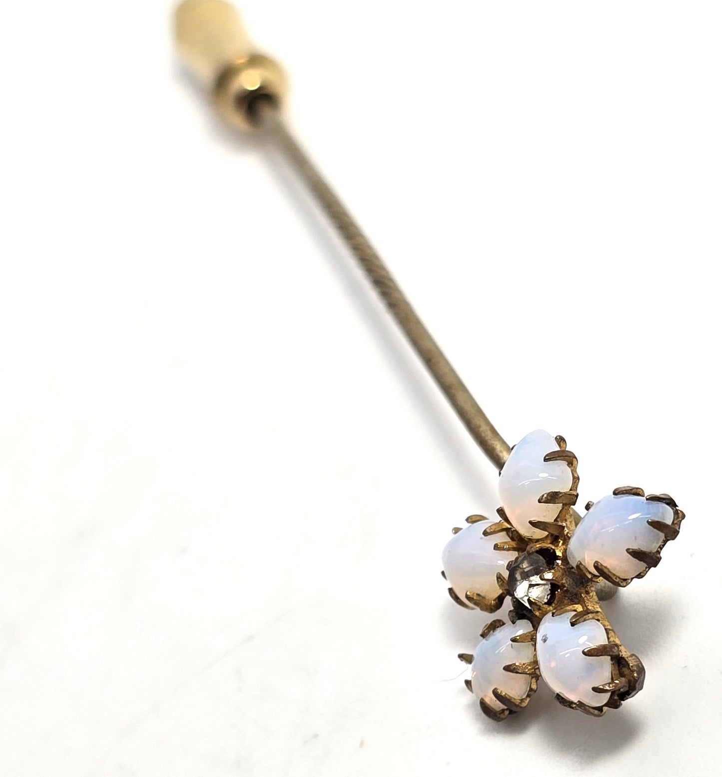 Victorian opalite flower rhinestone gold filled antique stick lapel pin brooch