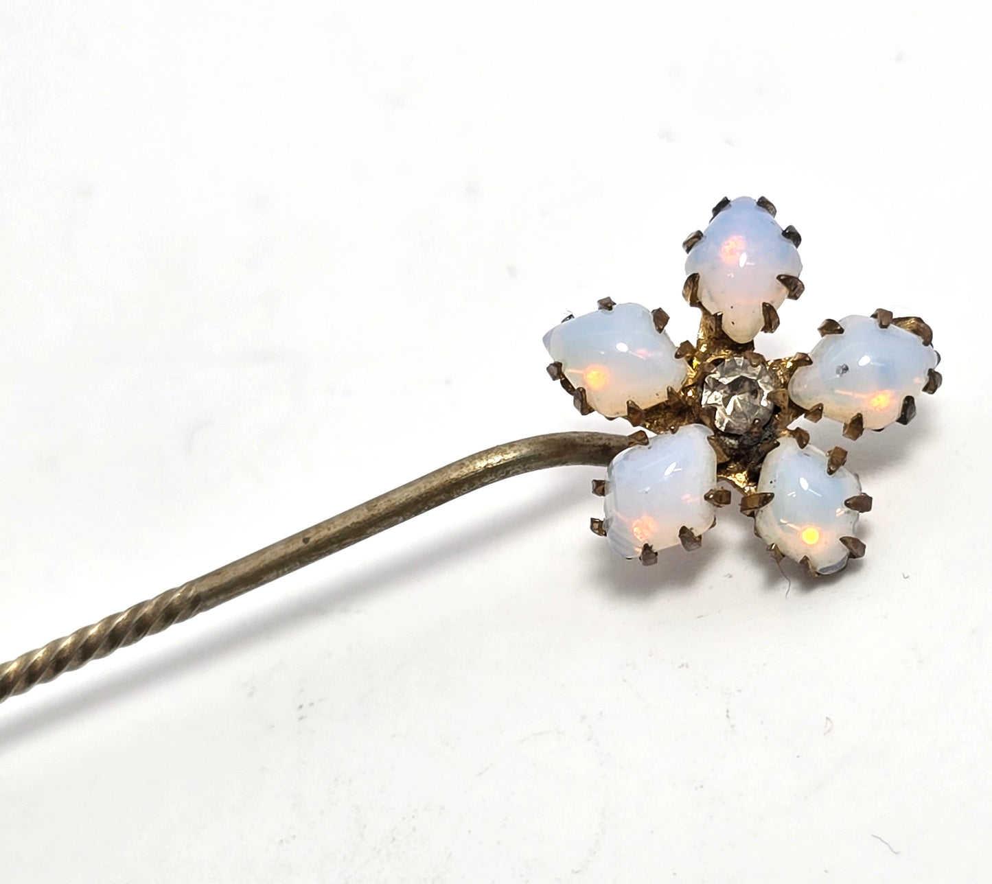 Victorian opalite flower rhinestone gold filled antique stick lapel pin brooch