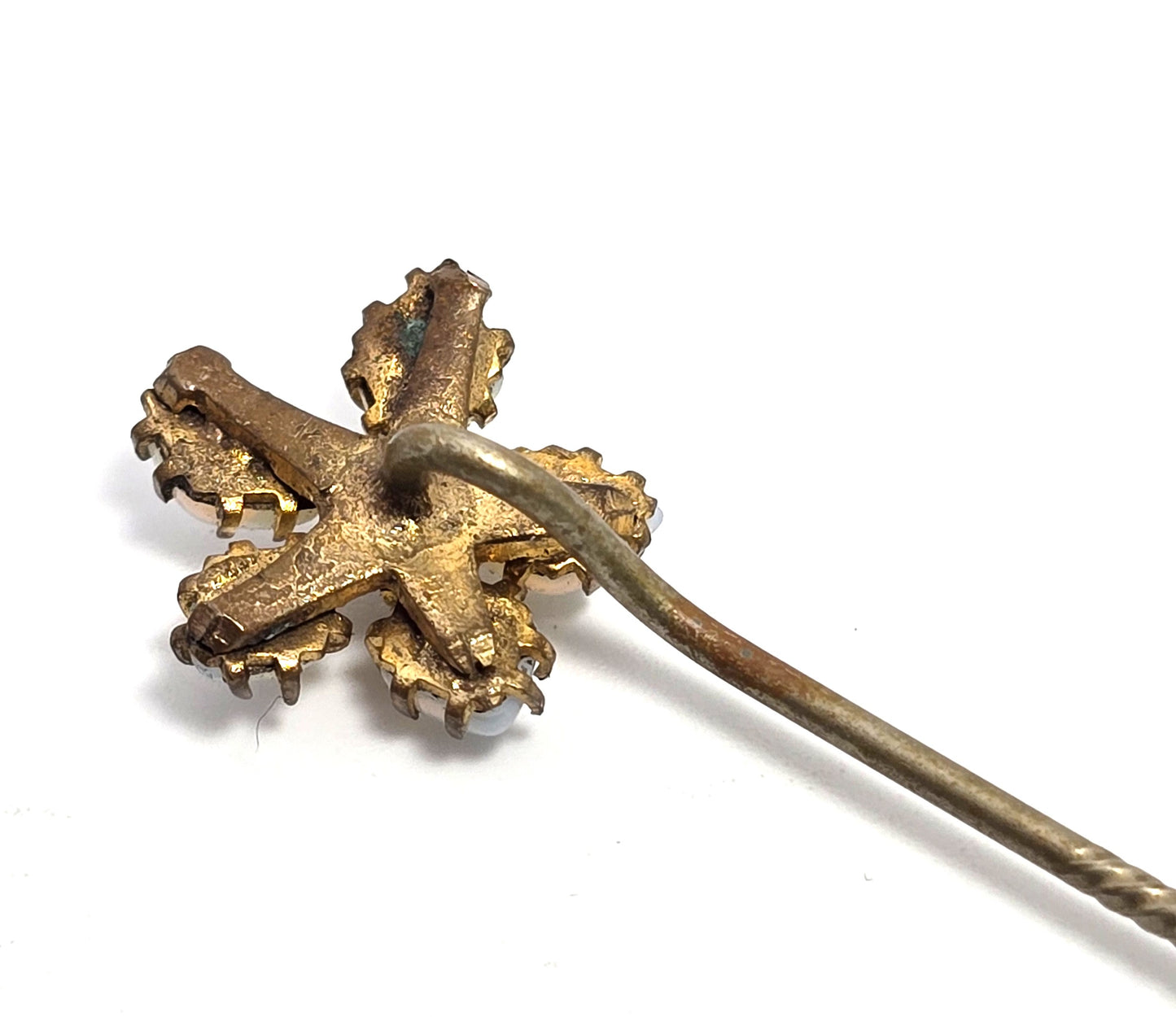 Victorian opalite flower rhinestone gold filled antique stick lapel pin brooch