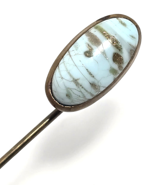 Victorian blue Aventurine glass gold filled antique stick lapel pin brooch