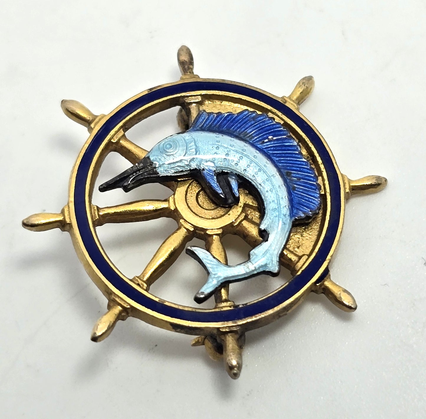 Sail fish boat ship wheel helm enamel Sea life sterling silver gold filled brooch