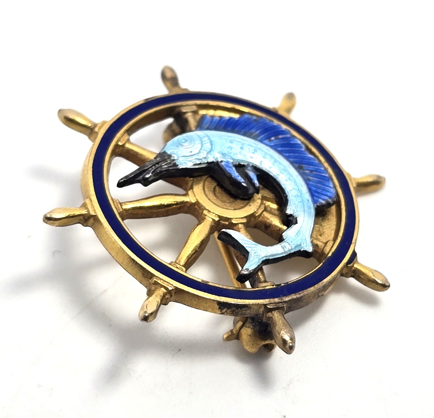 Sail fish boat ship wheel helm enamel Sea life sterling silver gold filled brooch