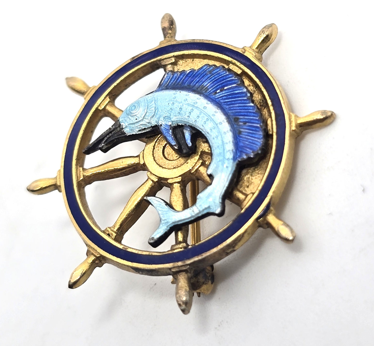 Sail fish boat ship wheel helm enamel Sea life sterling silver gold filled brooch