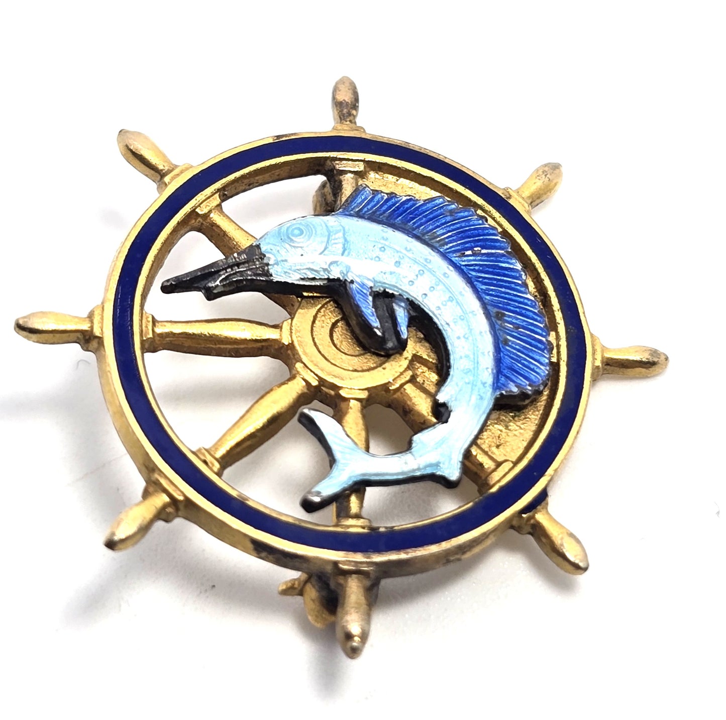 Sail fish boat ship wheel helm enamel Sea life sterling silver gold filled brooch