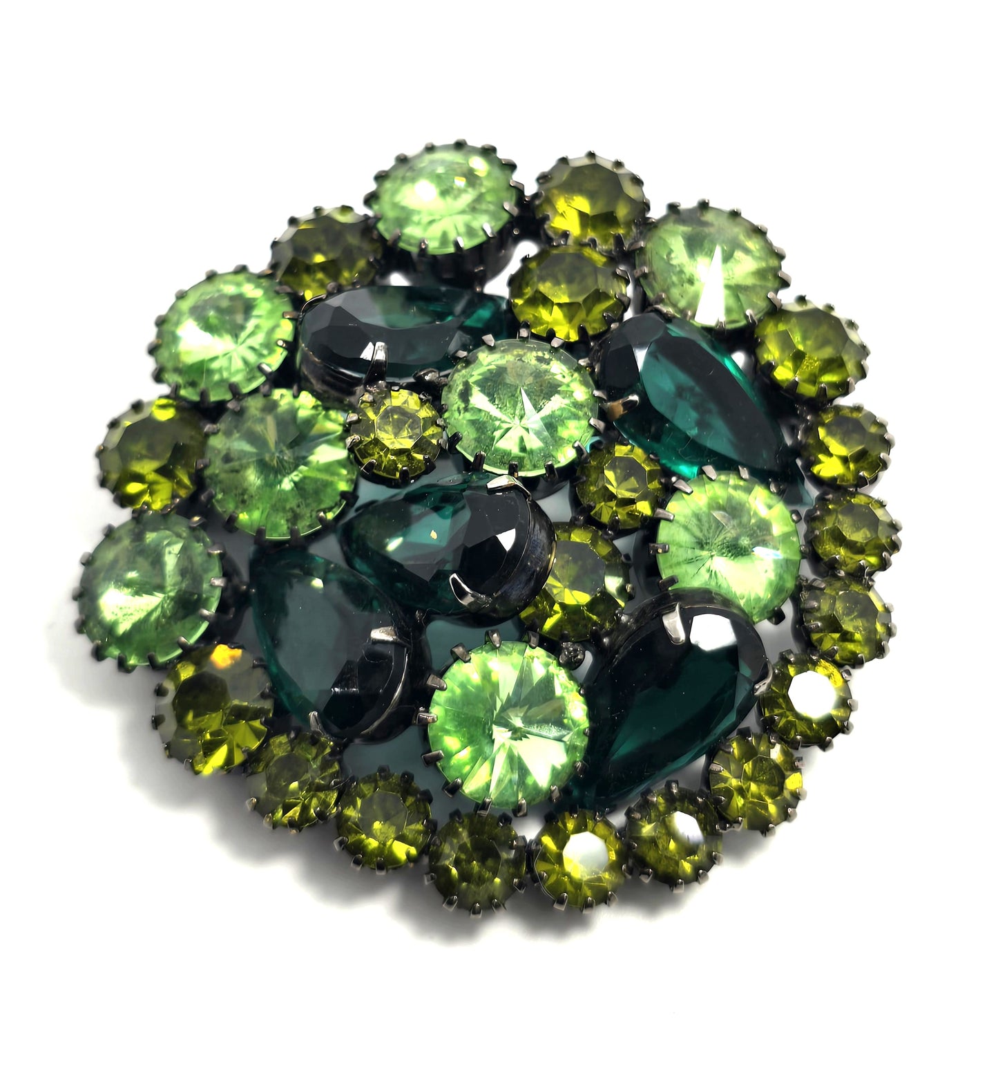 Green uranium glass large pear cut green rivoli rhinestone vintage brooch mid century