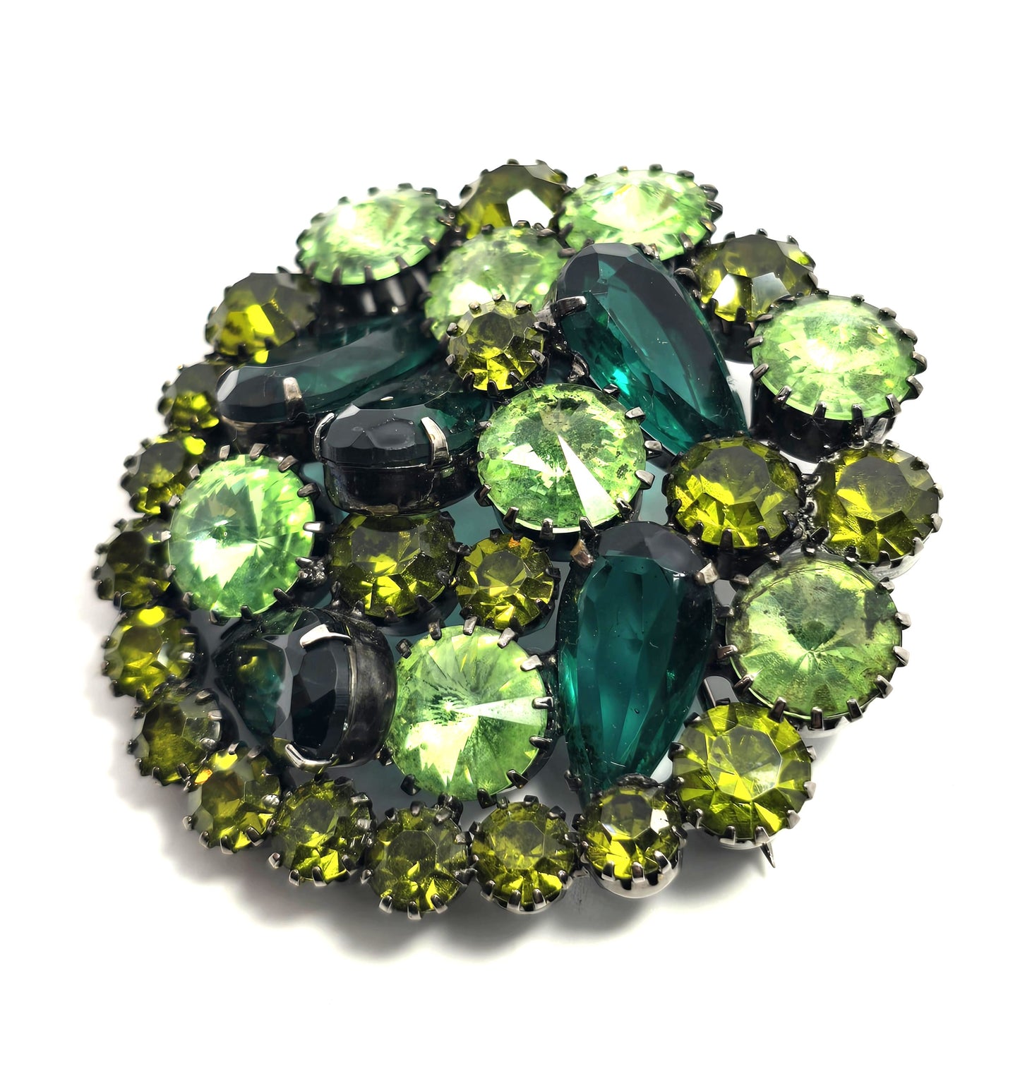 Green uranium glass large pear cut green rivoli rhinestone vintage brooch mid century