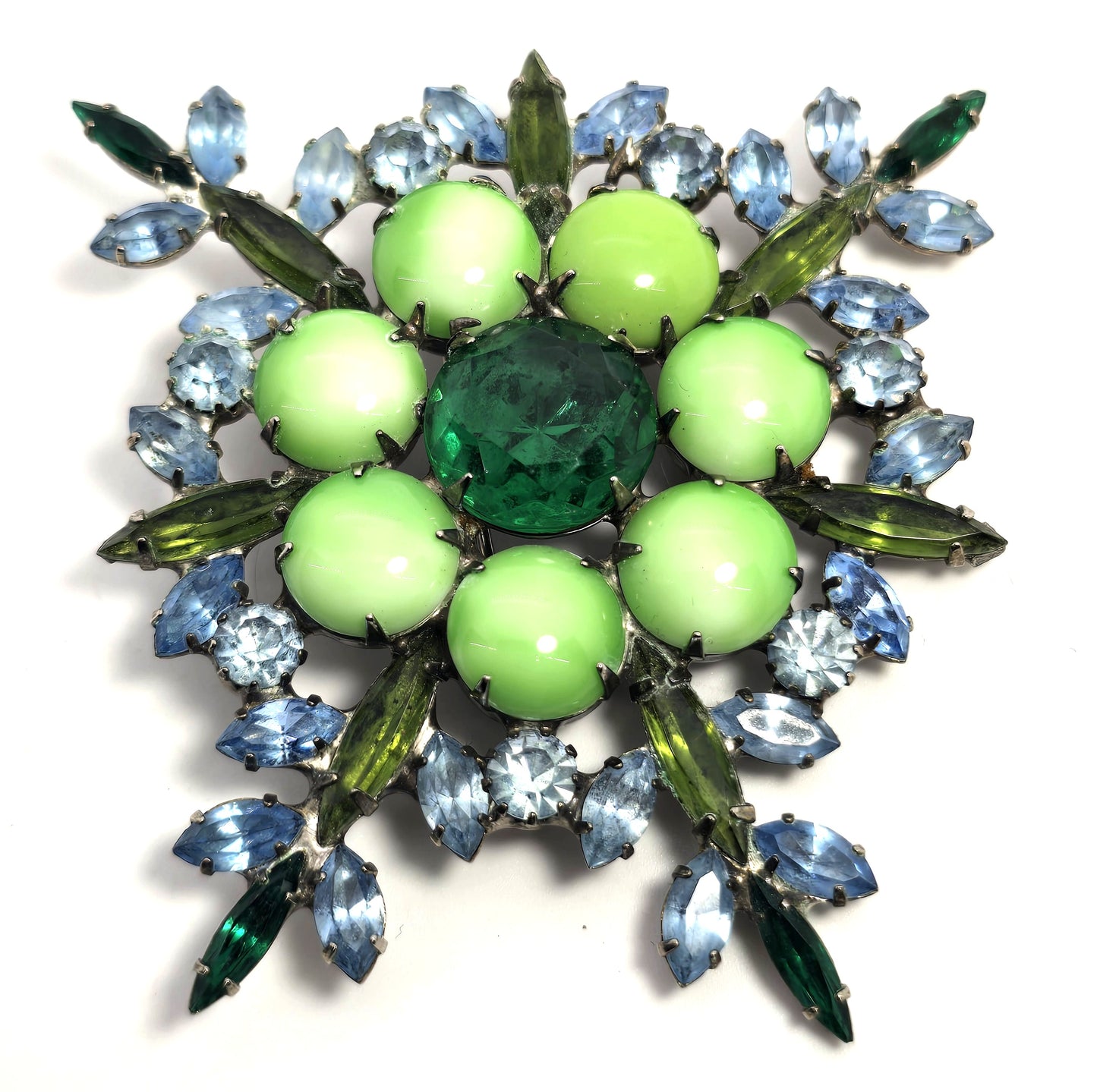 Czech cut bohemian Olivine green and blue large rhinestone vintage brooch