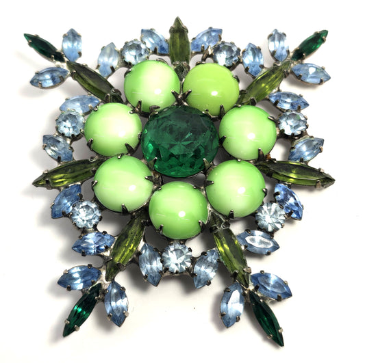Czech cut bohemian Olivine green and blue large rhinestone vintage brooch