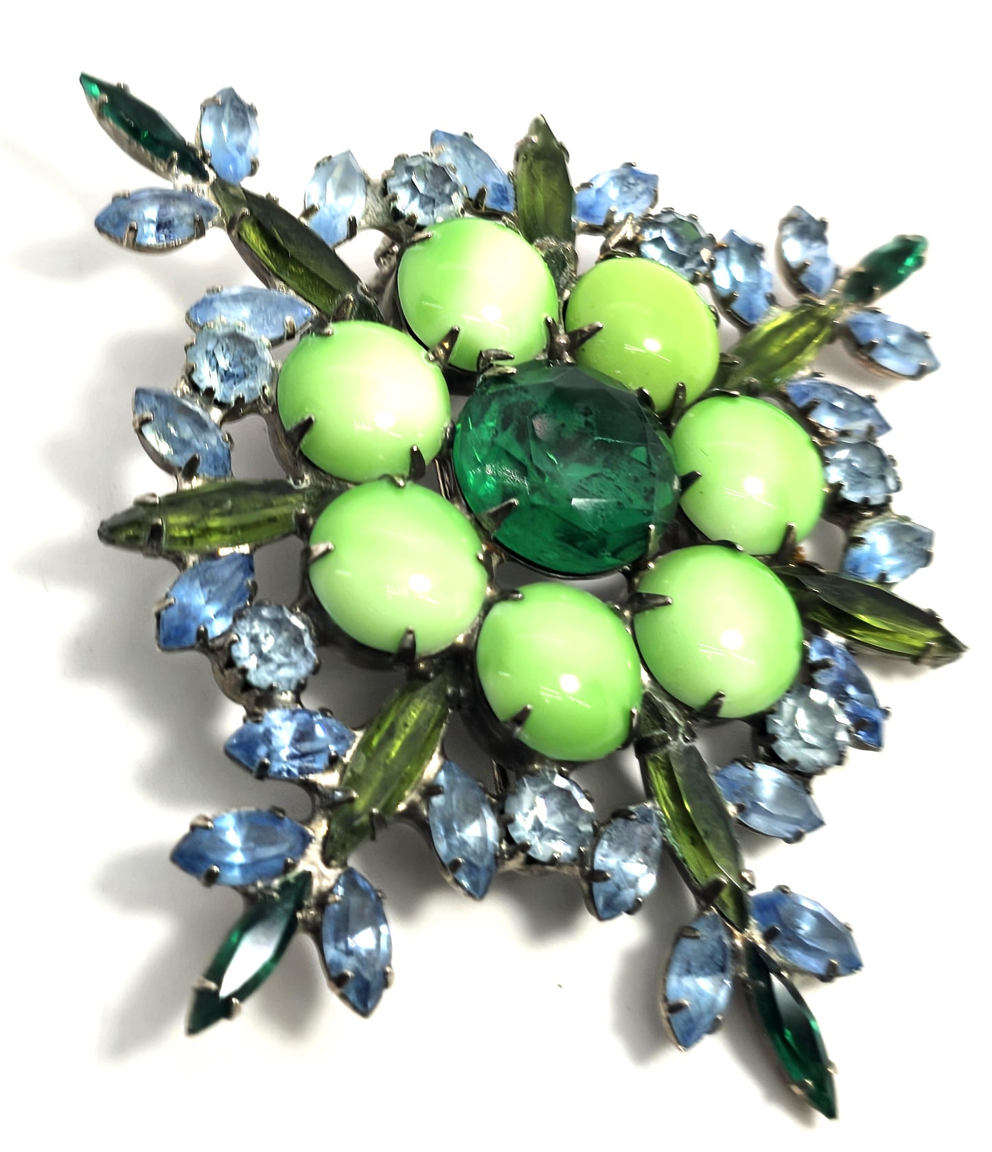 Czech cut bohemian Olivine green and blue large rhinestone vintage brooch