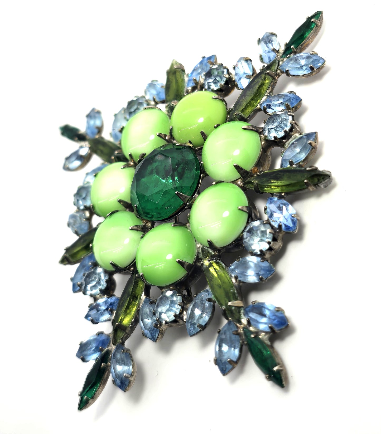 Czech cut bohemian Olivine green and blue large rhinestone vintage brooch