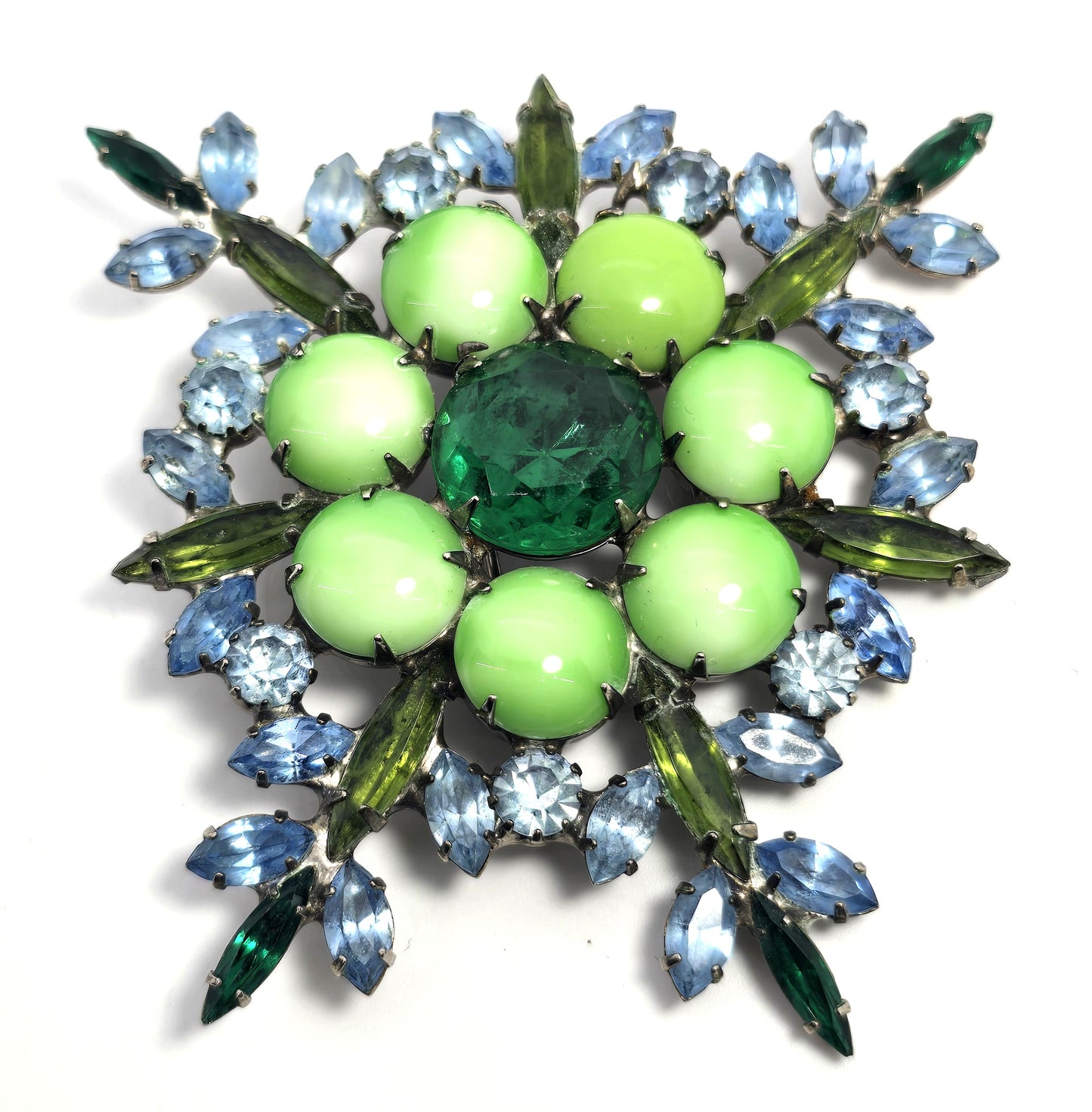 Czech cut bohemian Olivine green and blue large rhinestone vintage brooch