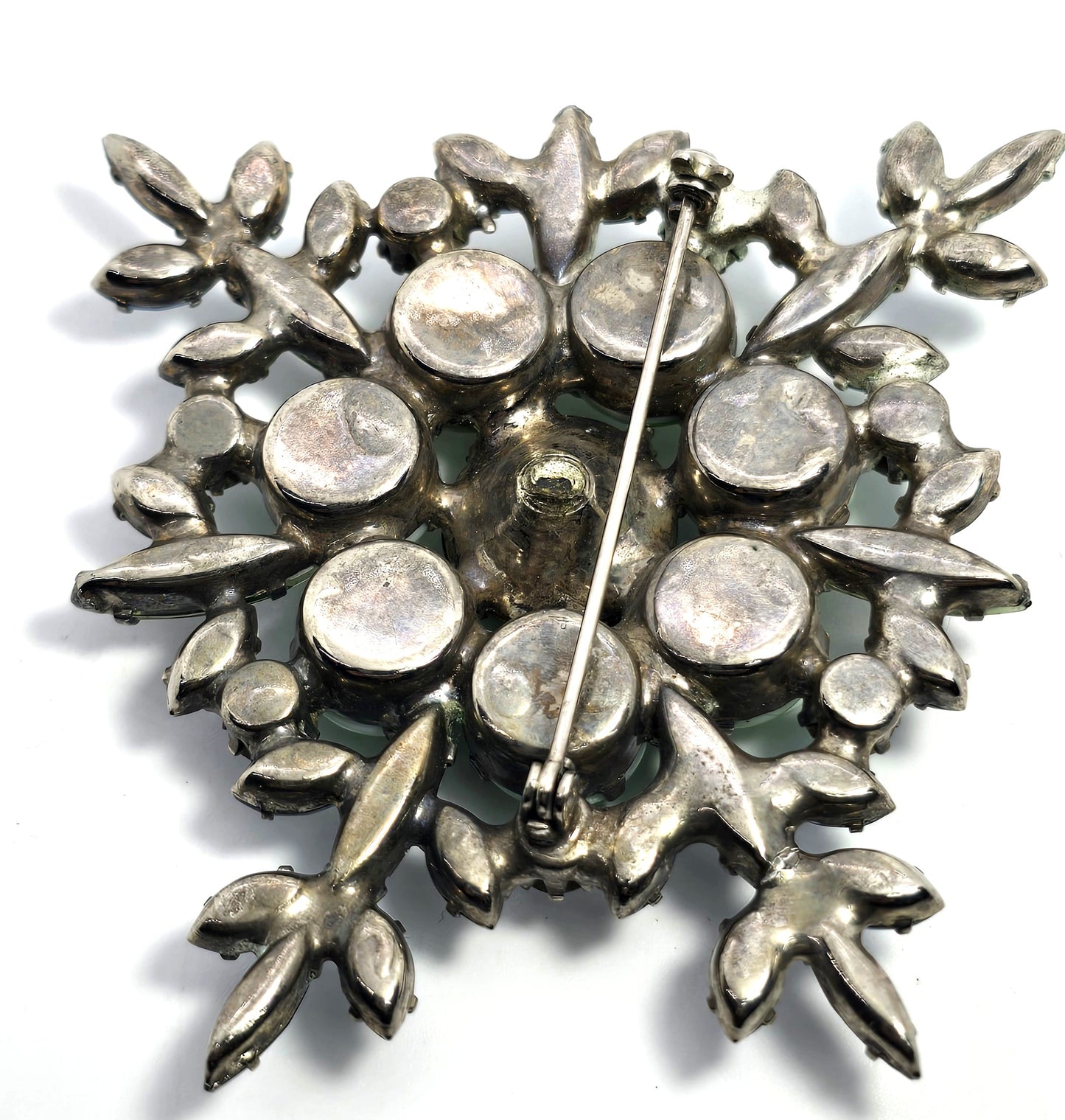 Czech cut bohemian Olivine green and blue large rhinestone vintage brooch