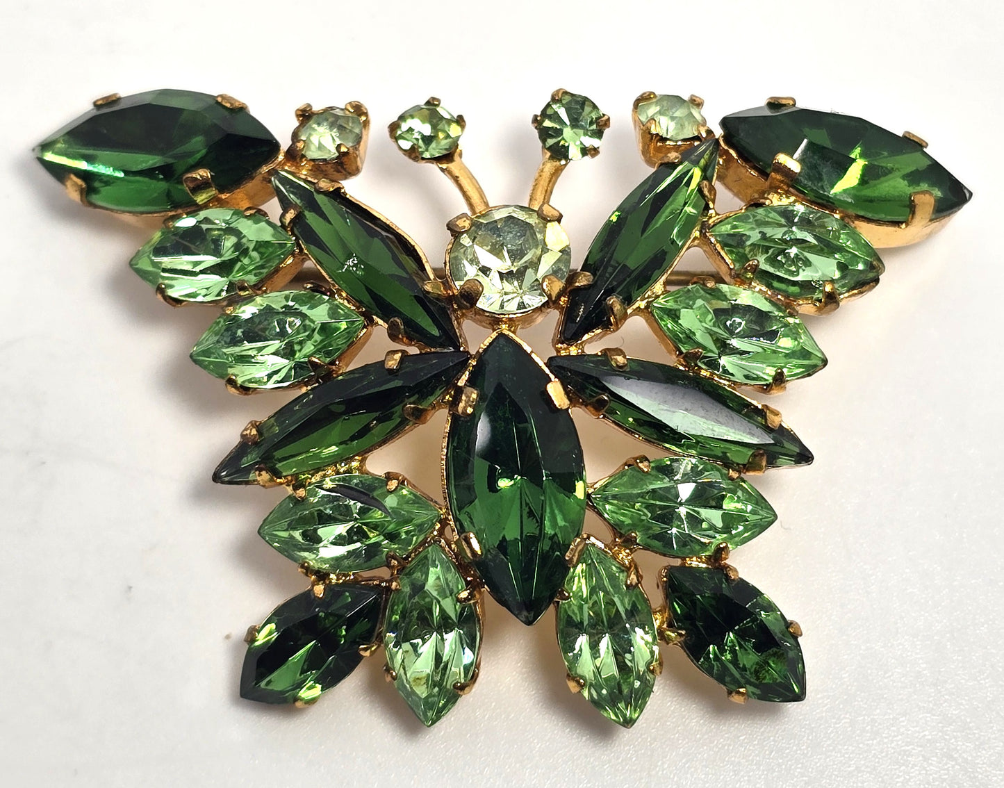 Green uranium glass rhinestone Made in Austria butterfly vintage brooch