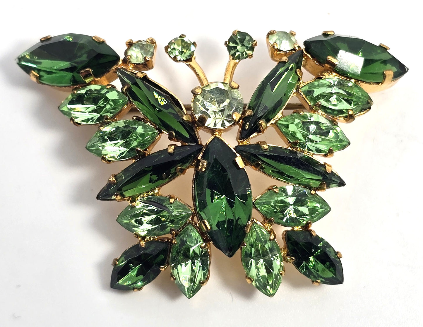 Green uranium glass rhinestone Made in Austria butterfly vintage brooch