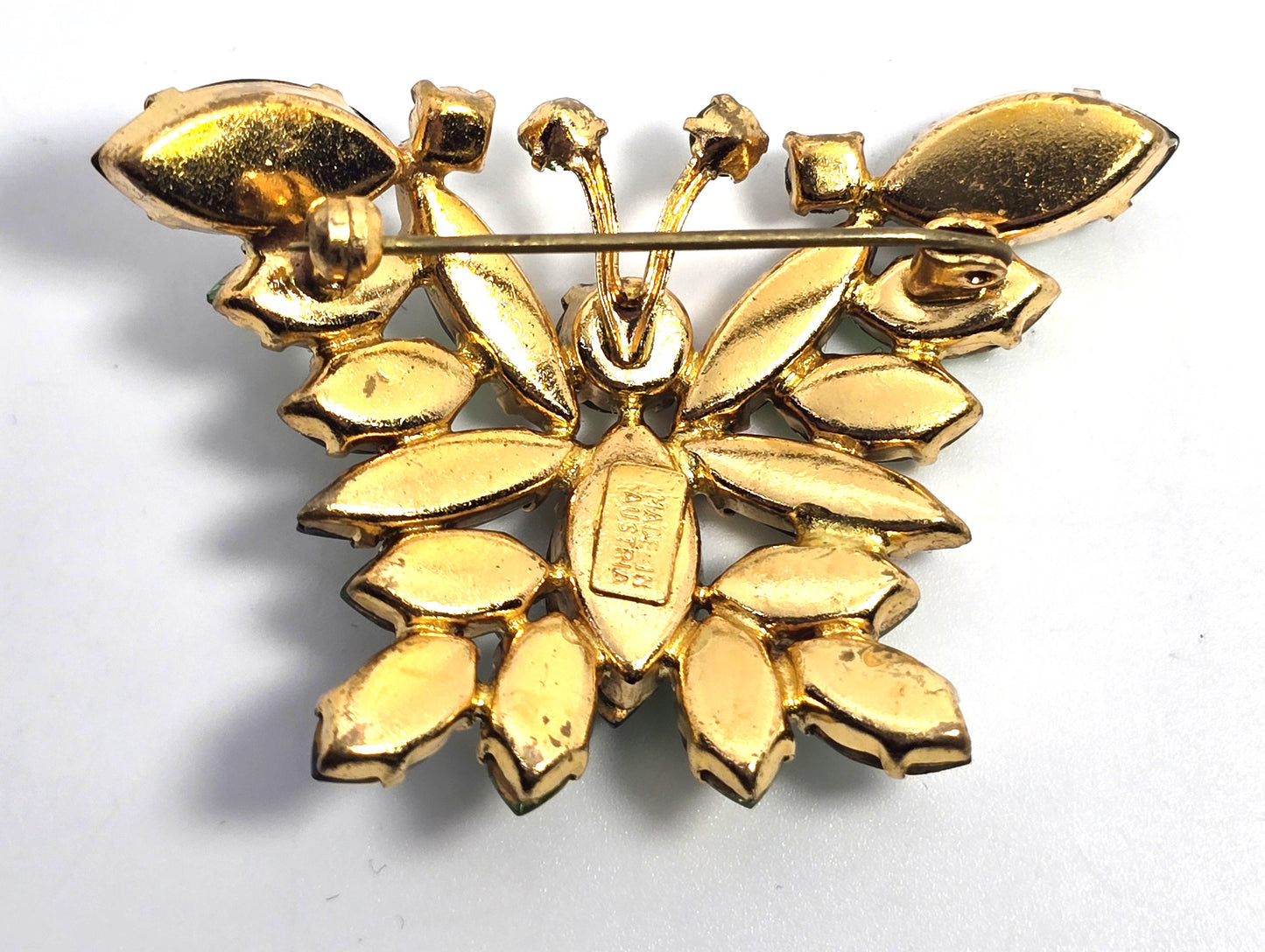 Green uranium glass rhinestone Made in Austria butterfly vintage brooch