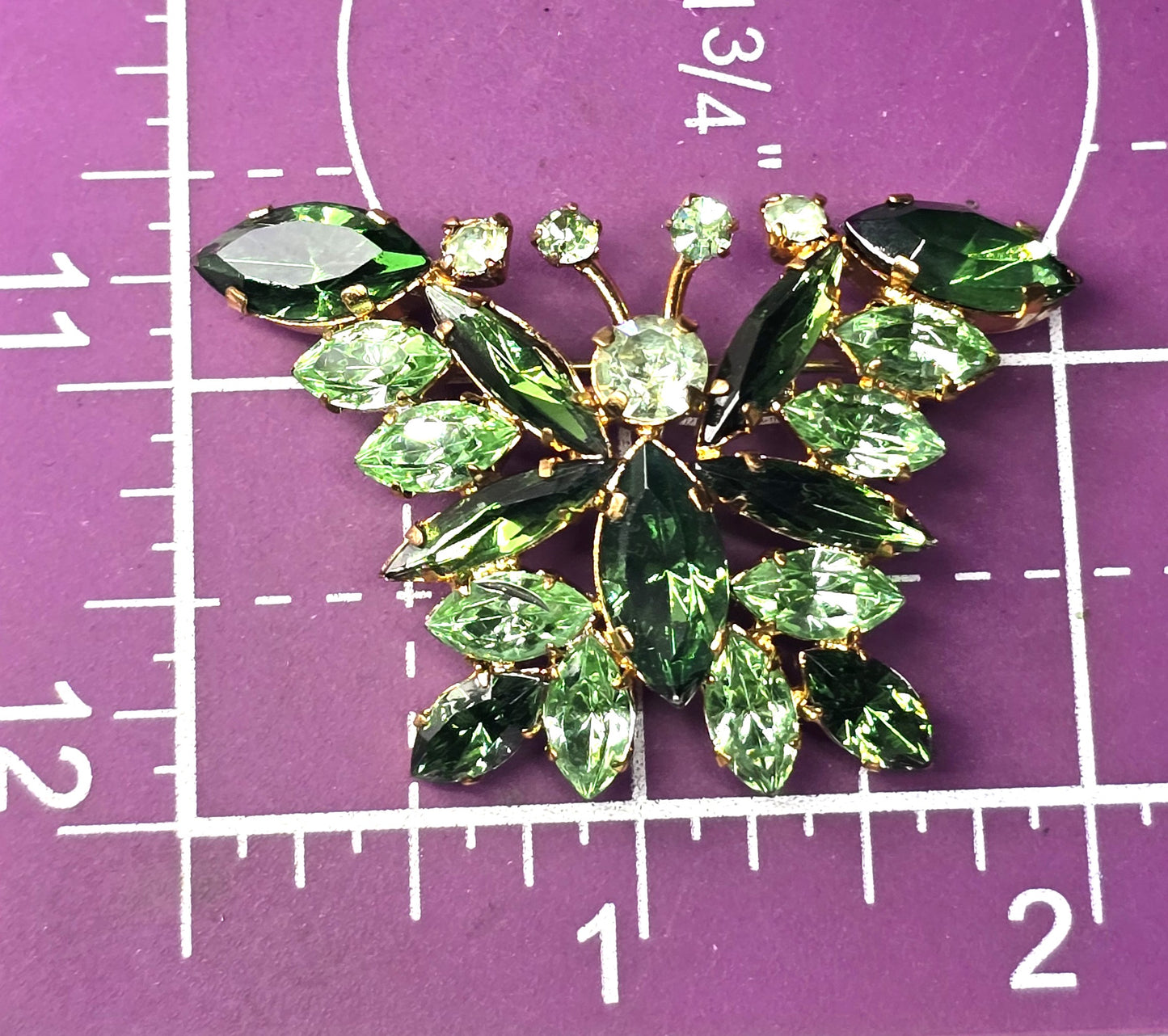 Green uranium glass rhinestone Made in Austria butterfly vintage brooch