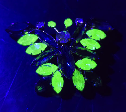 Green uranium glass rhinestone Made in Austria butterfly vintage brooch
