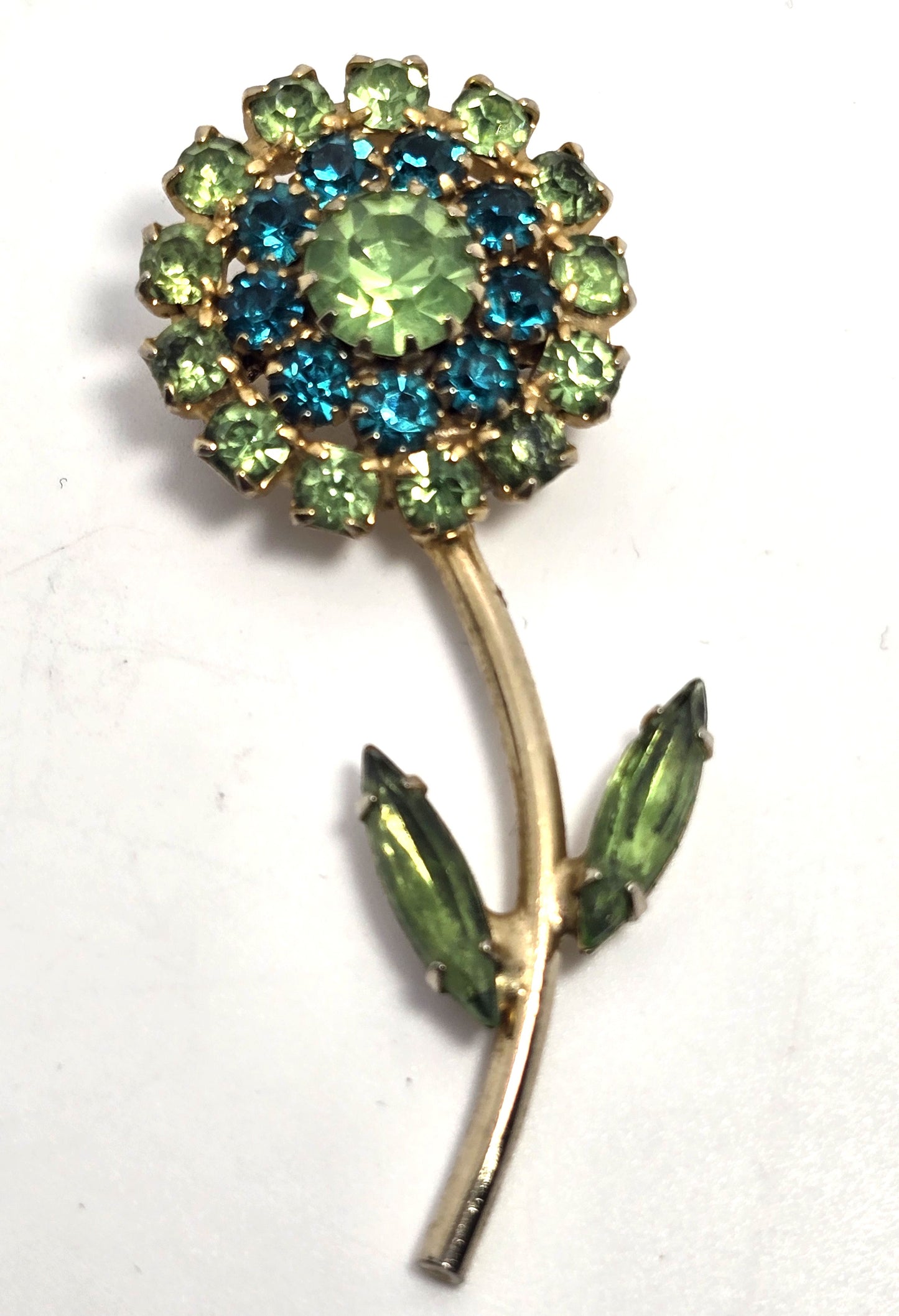 Green uranium glass rhinestone double green flower UV glow vintage brooch