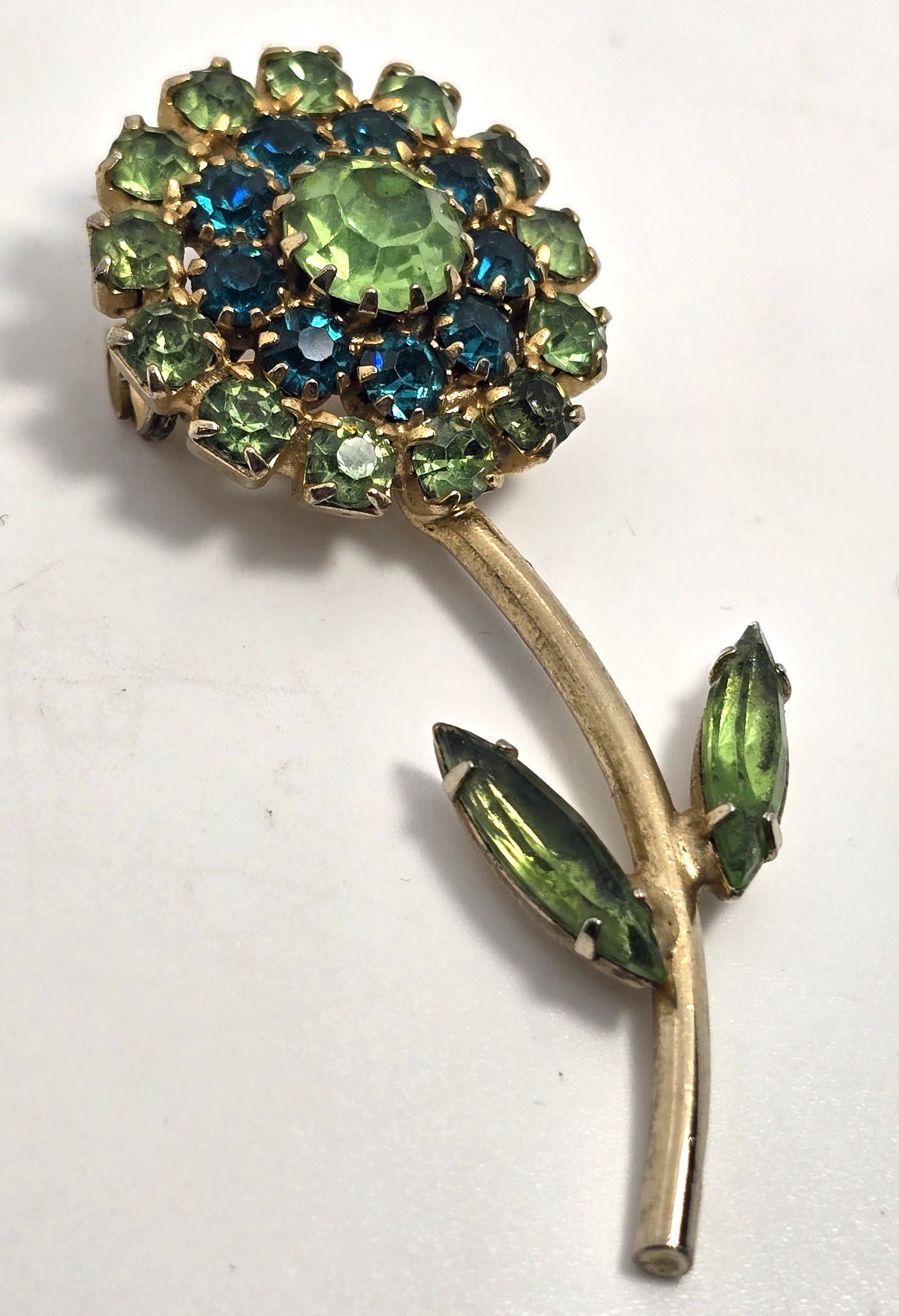 Green uranium glass rhinestone double green flower UV glow vintage brooch