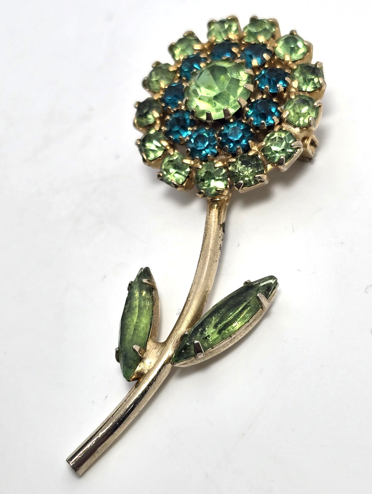 Green uranium glass rhinestone double green flower UV glow vintage brooch