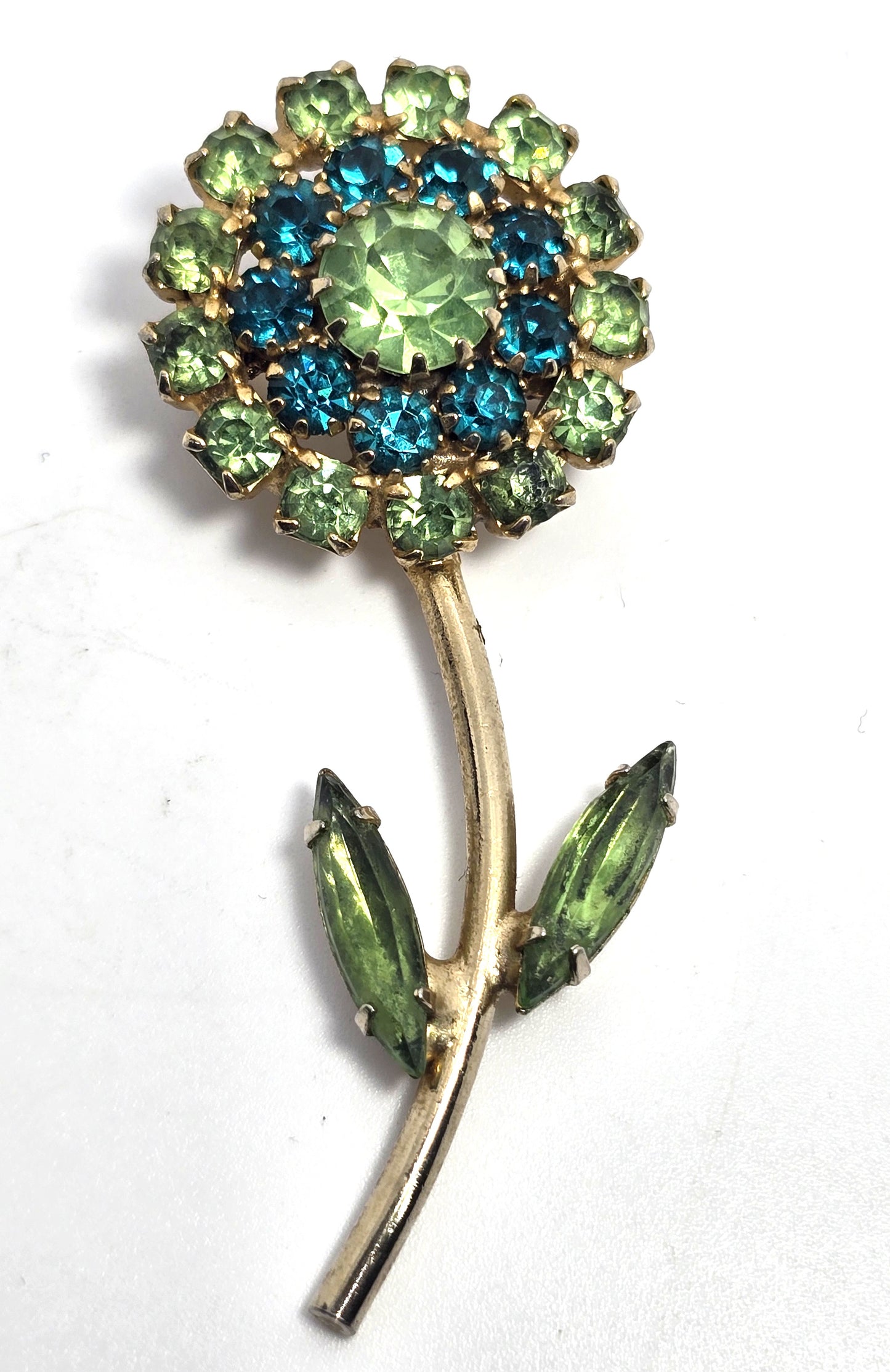 Green uranium glass rhinestone double green flower UV glow vintage brooch