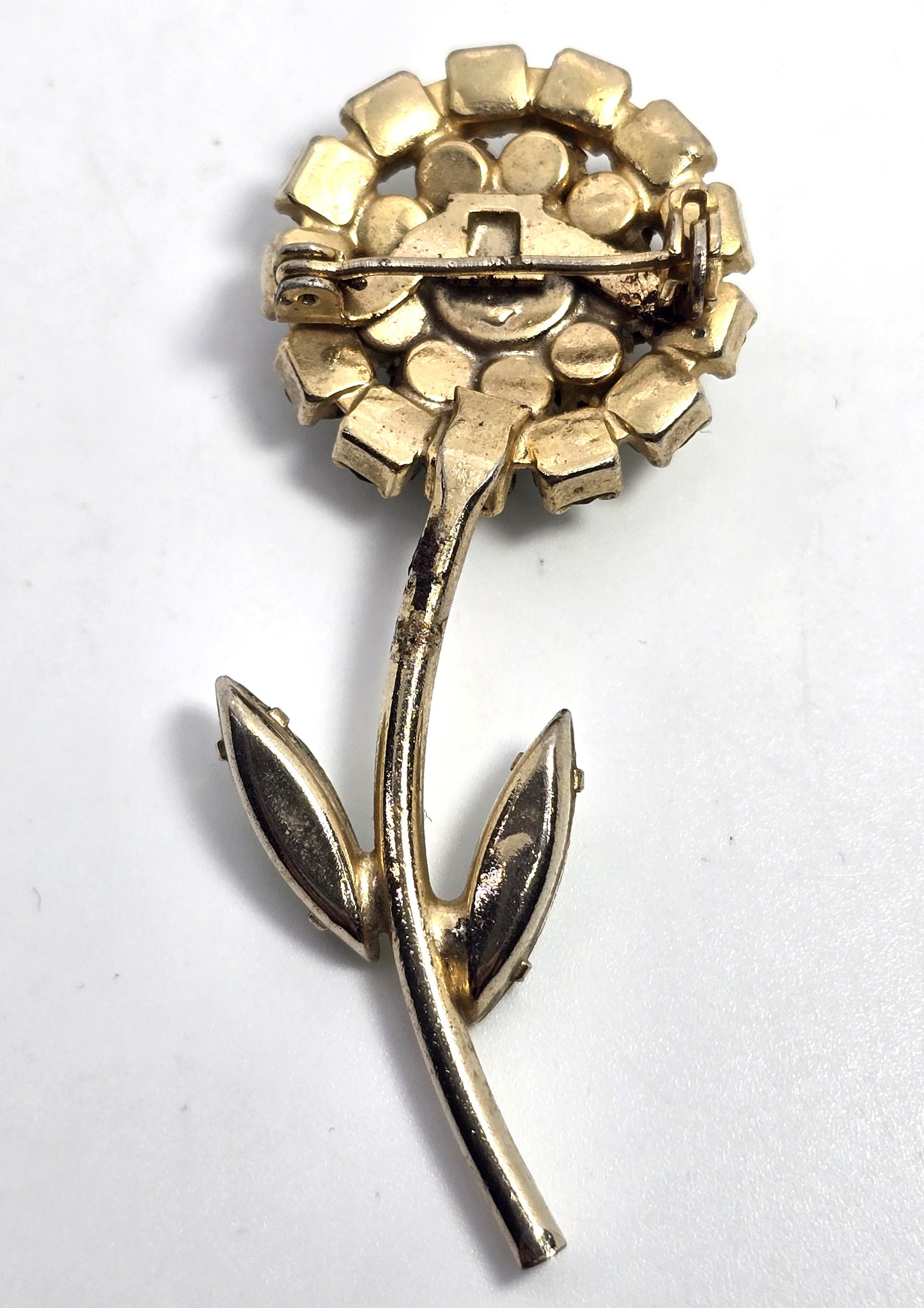 Green uranium glass rhinestone double green flower UV glow vintage brooch