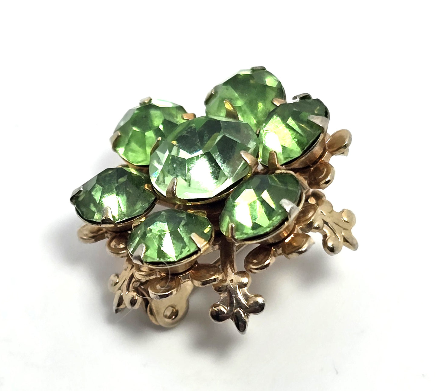 Green uranium glass rhinestone gold toned small flower UV glow vintage brooch