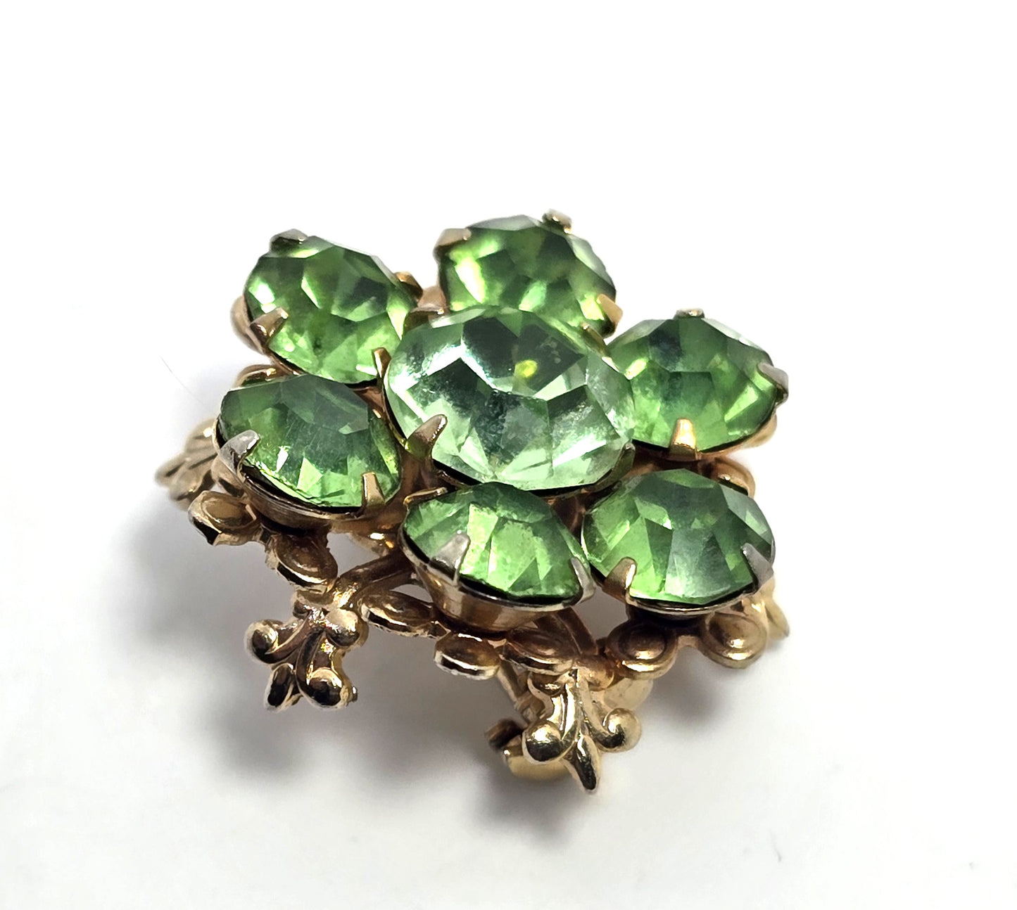 Green uranium glass rhinestone gold toned small flower UV glow vintage brooch