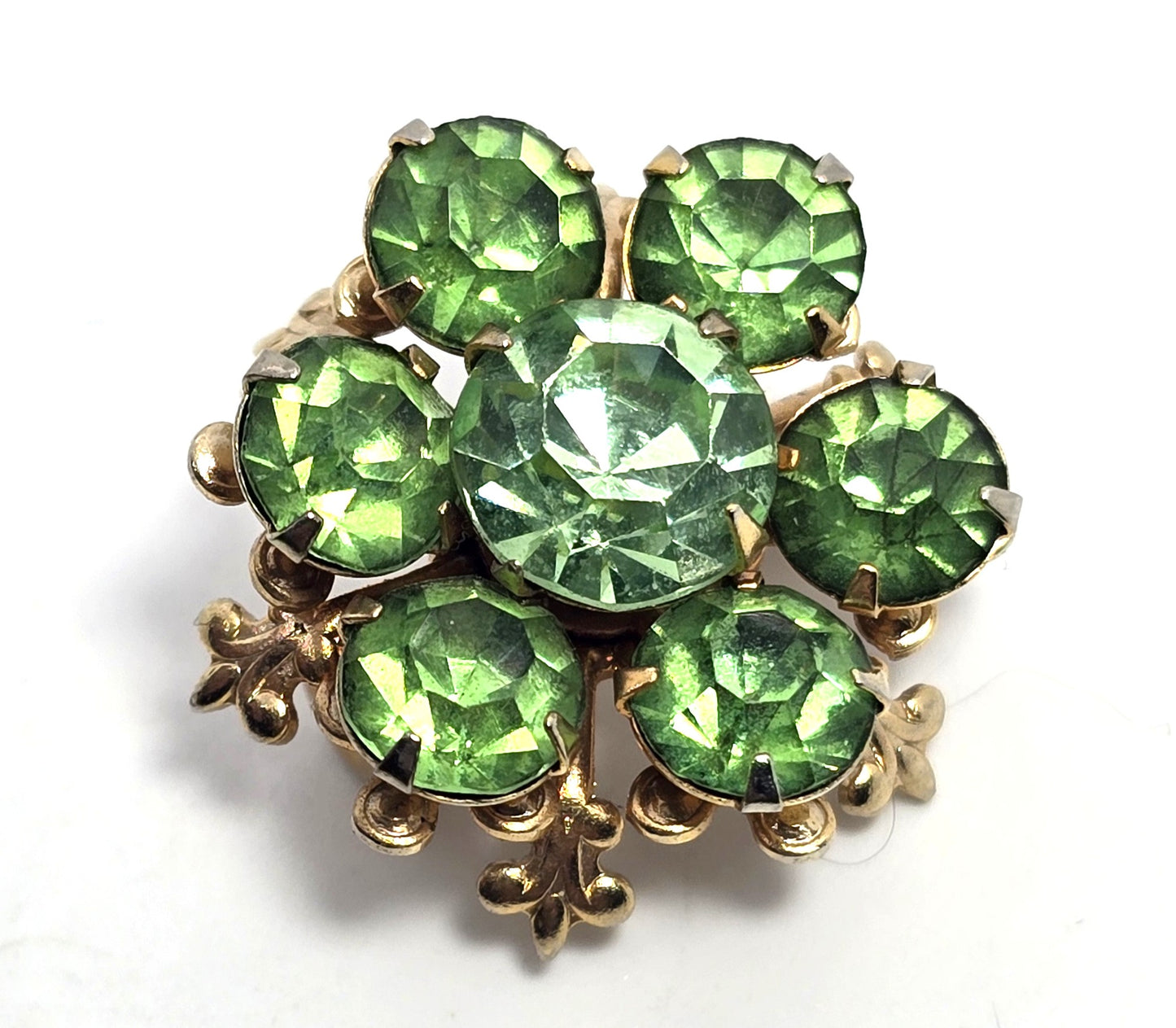 Green uranium glass rhinestone gold toned small flower UV glow vintage brooch