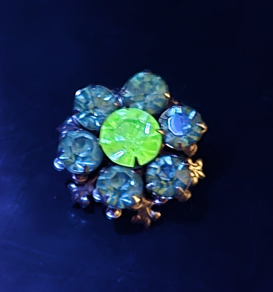 Green uranium glass rhinestone gold toned small flower UV glow vintage brooch