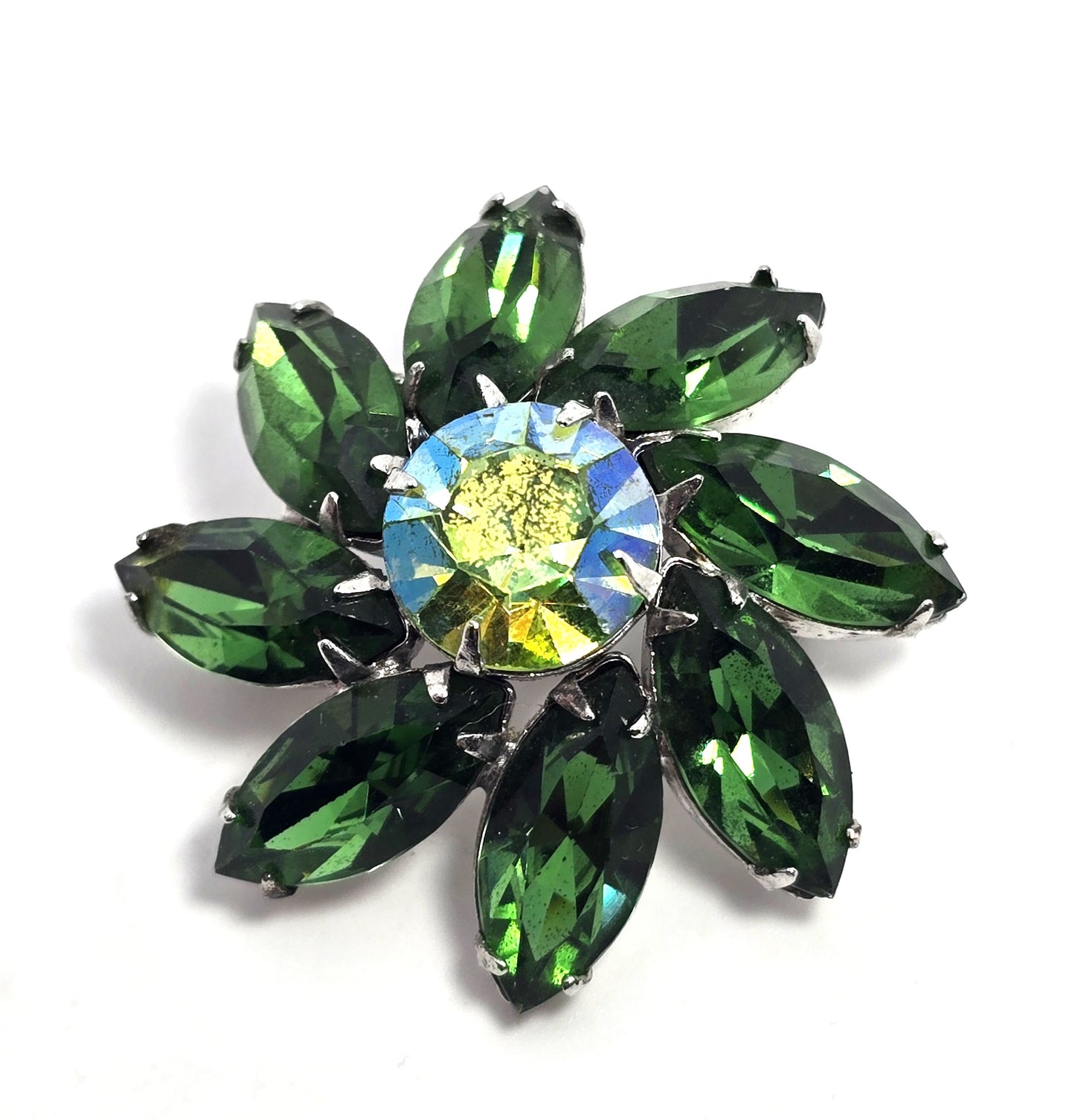 Green uranium glass rhinestone silver toned flower UV glow vintage brooch