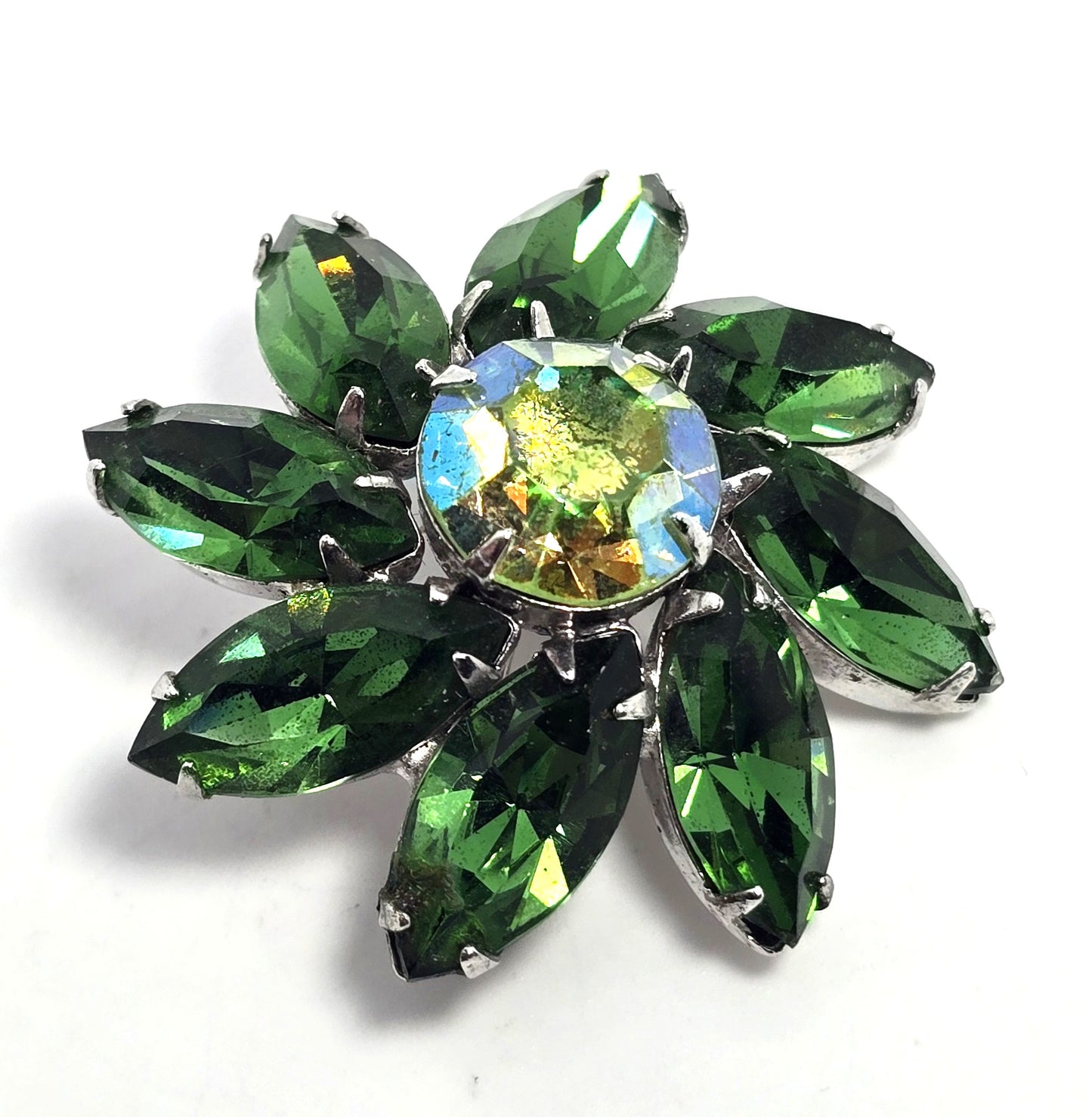 Green uranium glass rhinestone silver toned flower UV glow vintage brooch