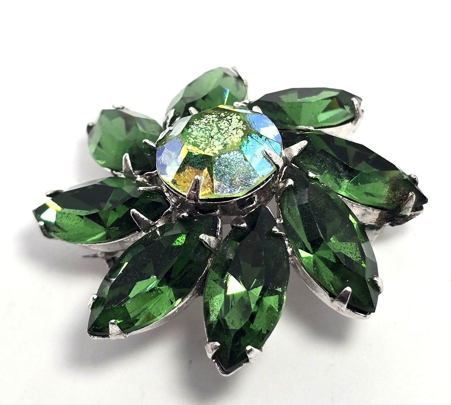 Green uranium glass rhinestone silver toned flower UV glow vintage brooch