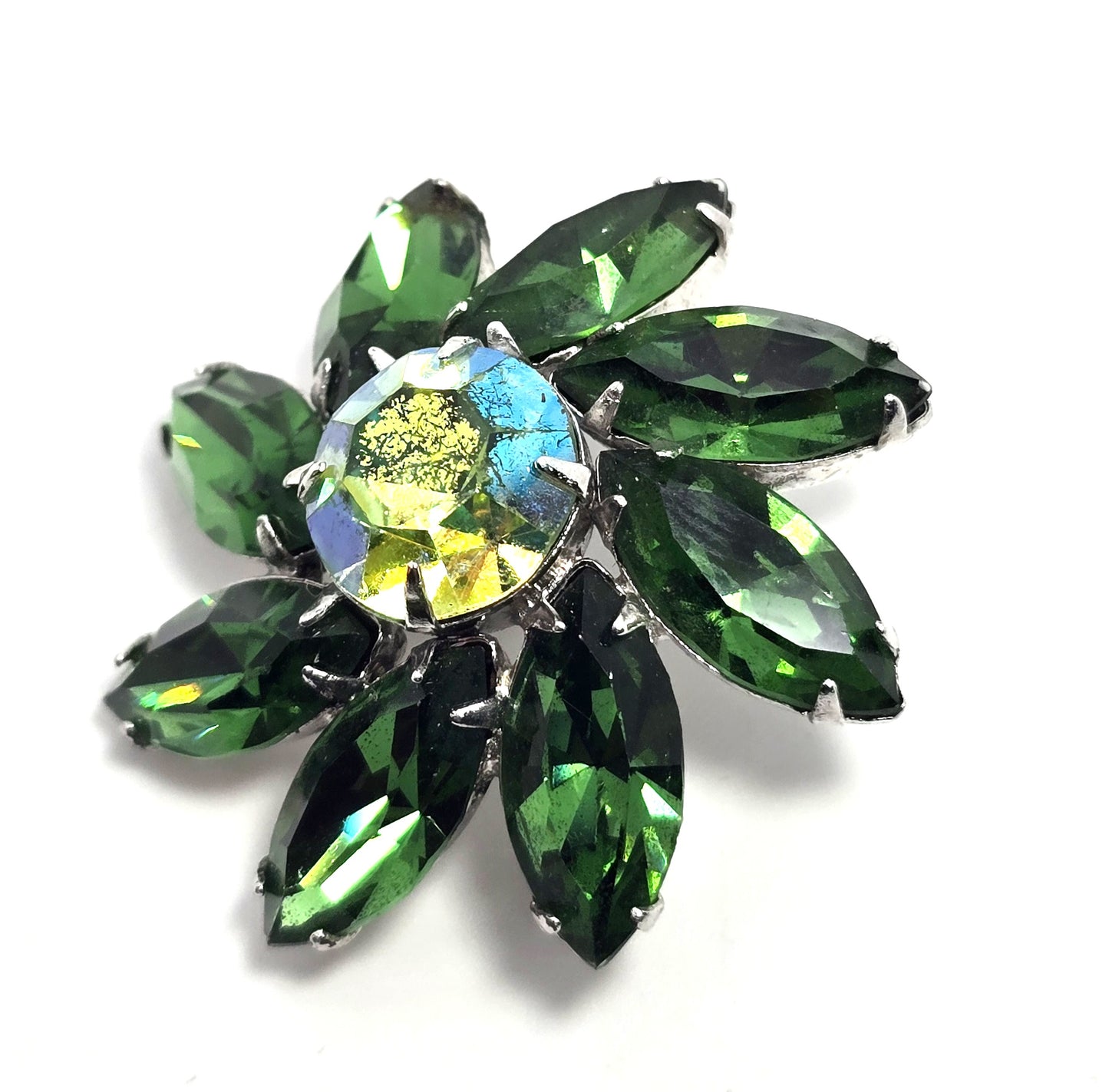 Green uranium glass rhinestone silver toned flower UV glow vintage brooch
