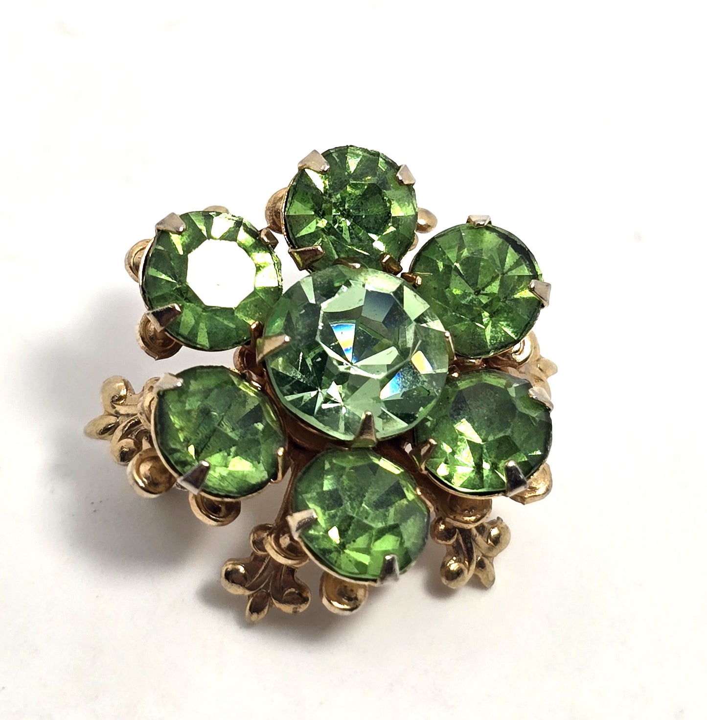 Green uranium glass rhinestone gold toned small flower UV glow vintage brooch