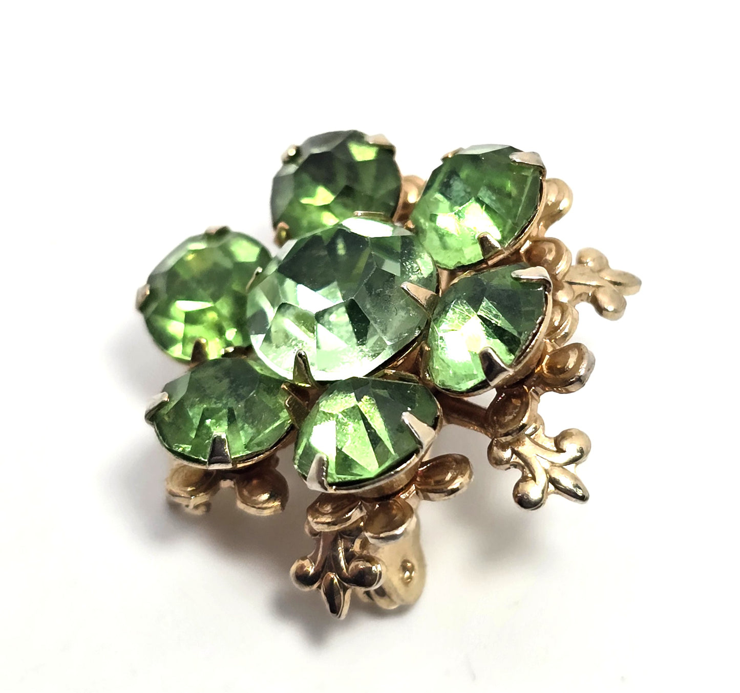 Green uranium glass rhinestone gold toned small flower UV glow vintage brooch