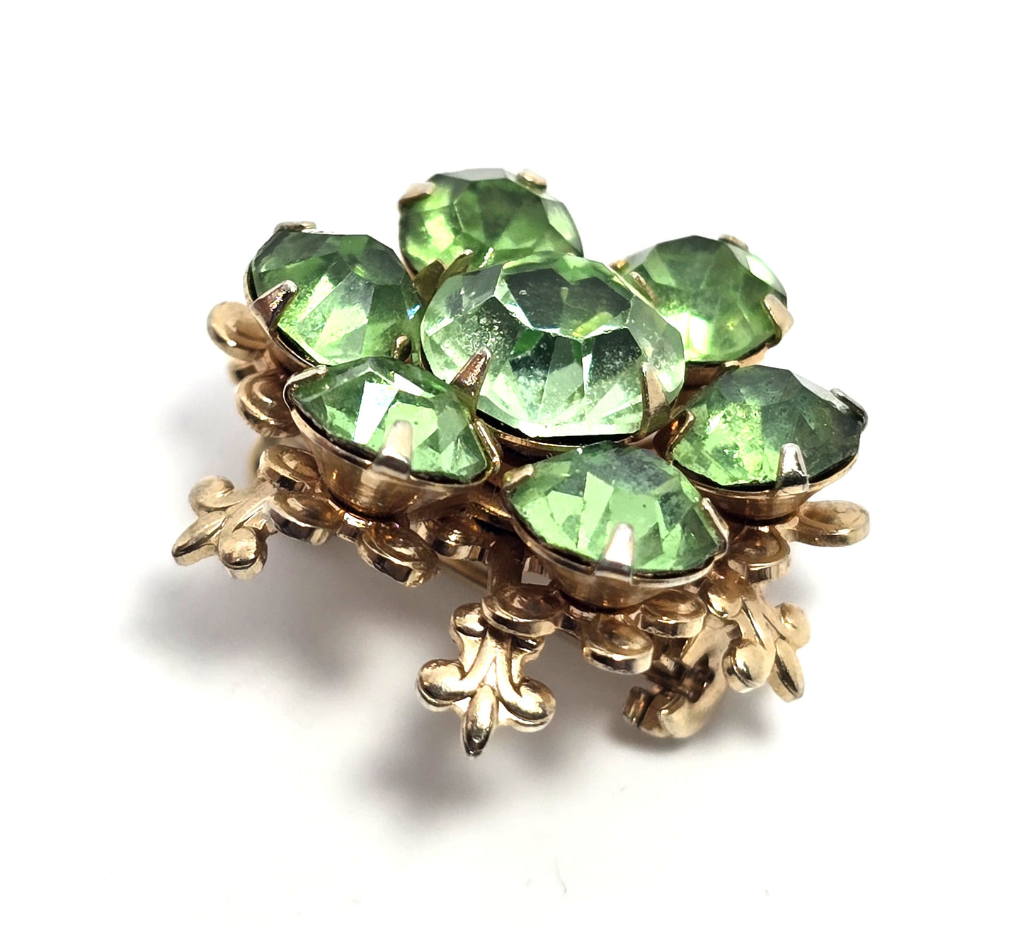 Green uranium glass rhinestone gold toned small flower UV glow vintage brooch