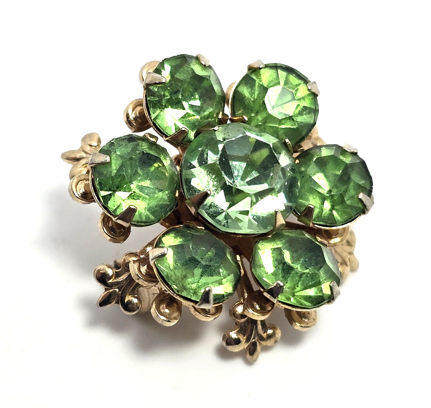 Green uranium glass rhinestone gold toned small flower UV glow vintage brooch