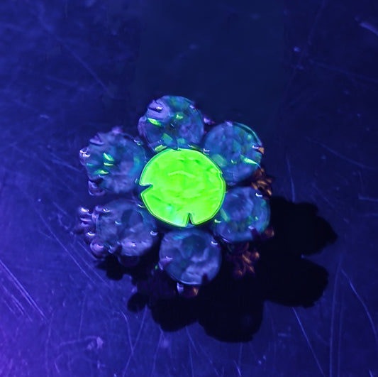 Green uranium glass rhinestone gold toned small flower UV glow vintage brooch
