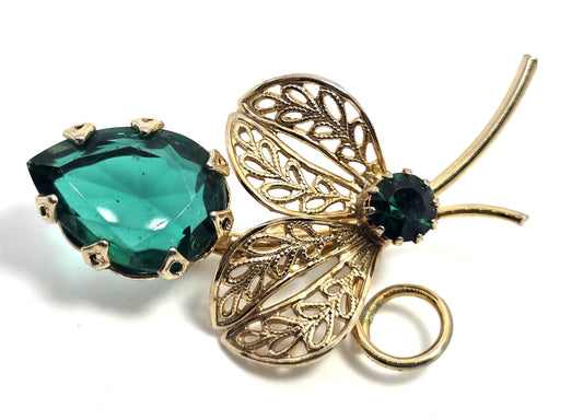 Unsigned Schreiner Green pear cut large MCM vintage rhinestone brooch